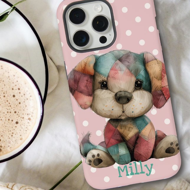 Cute Patchwork Puppy | Personalised Pink Polka Dot iPhone Case (Creator Uploaded)