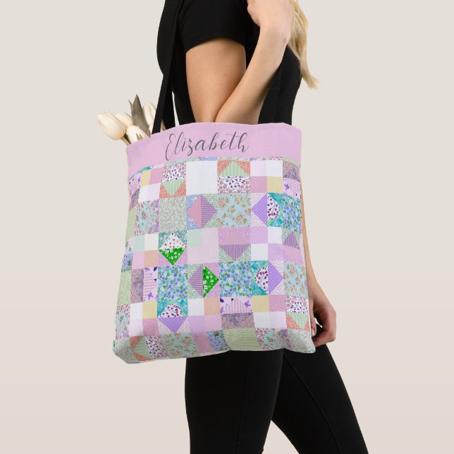 Cute Patchwork Quilting Themed Colourful Custom Tote Bag (Close Up)