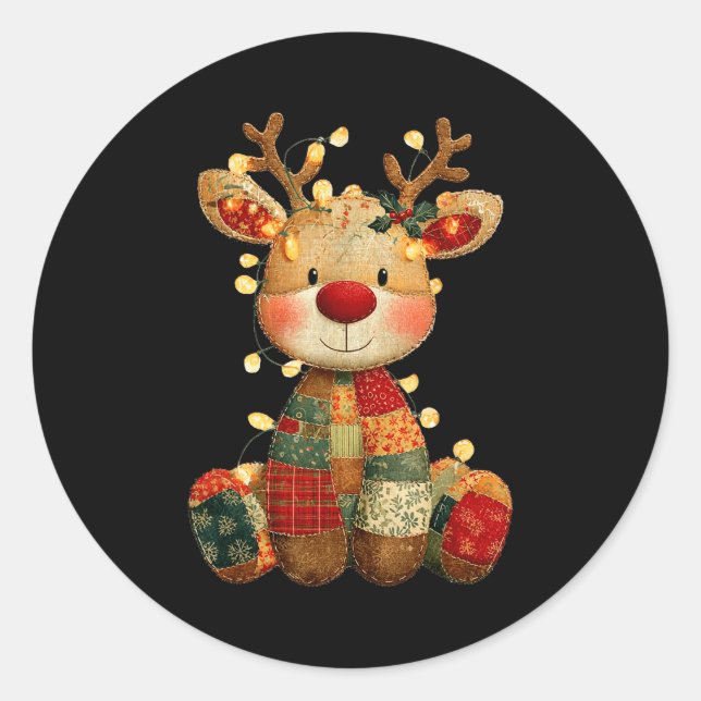 Cute Patchwork Reindeer Christmas Xmas Men Women K Classic Round Sticker (Front)