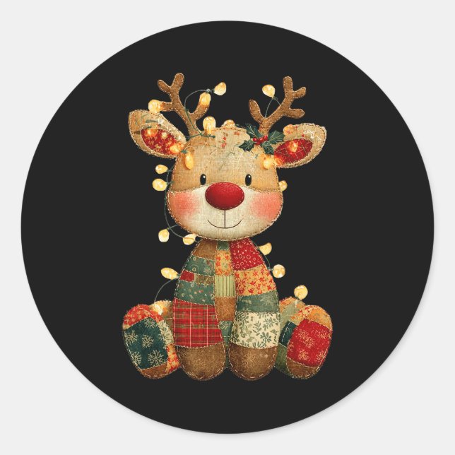 Cute Patchwork Reindeer Christmas Xmas Men Women K Classic Round Sticker (Front)