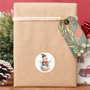 Cute Patchwork Snowman Christmas Lights Holiday Classic Round Sticker