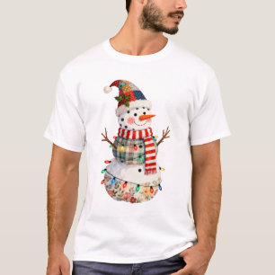 Cute Patchwork Snowman Christmas Lights Holiday T-Shirt