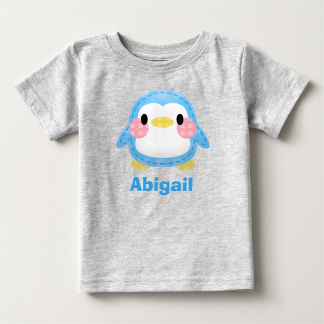 Cute Patchwork Style Penguin Art Personalised Baby T-Shirt (Front)