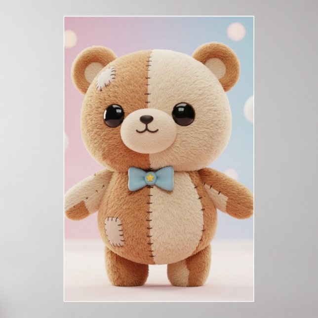 Cute Patchwork Teddy Bear Illustration Poster (Front)