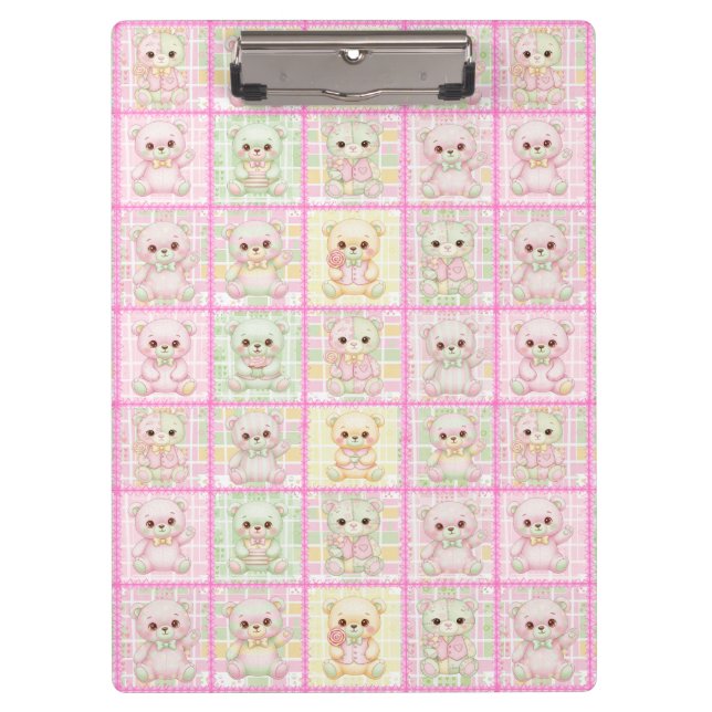 Cute Patchwork Teddy Bear Quilt Seamless Clipboard (Front)