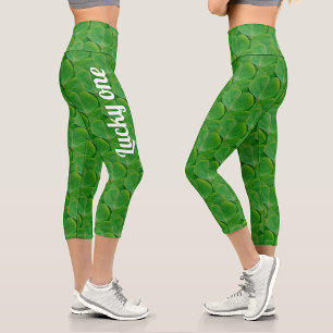Cute Patricks Day Green Irish Lucky Clover Pattern Capri Leggings