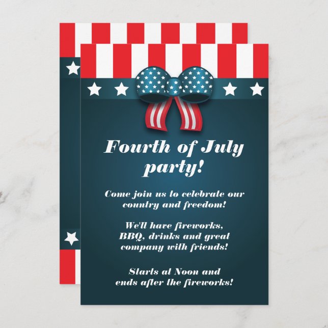 Cute Patriotic Bow 4th of July Party Invitations (Front/Back)