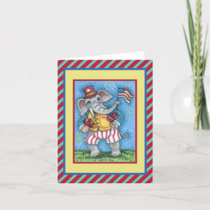 CUTE PATRIOTIC ELEPHANT WAVING AMERICAN FLAG CARD