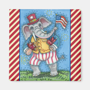 CUTE PATRIOTIC ELEPHANT WAVING AMERICAN FLAG MAGNET