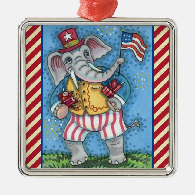 CUTE PATRIOTIC ELEPHANT WAVING AMERICAN FLAG METAL TREE DECORATION (Front)