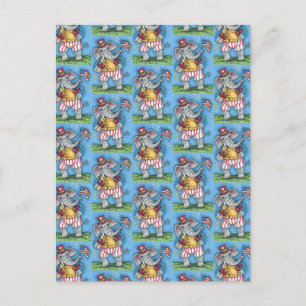 CUTE PATRIOTIC ELEPHANT WAVING AMERICAN FLAG POSTCARD