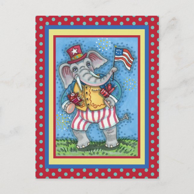 CUTE PATRIOTIC ELEPHANT WAVING AMERICAN FLAG POSTCARD (Front)