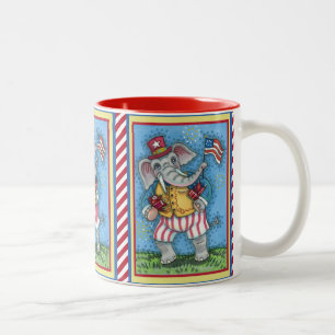 CUTE PATRIOTIC ELEPHANT WAVING AMERICAN FLAG Two-Tone COFFEE MUG