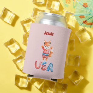 Cute Patriotic Fox Personalised Can Cooler