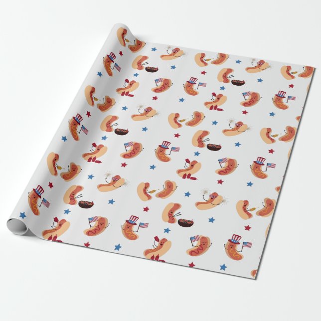 Cute Patriotic Hot Dog 4th of July  Wrapping Paper (Unrolled)