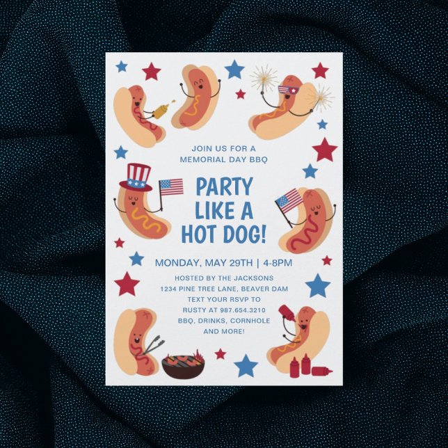 Cute Patriotic Hot Dog Memorial Day BBQ Invitation (Creator Uploaded)