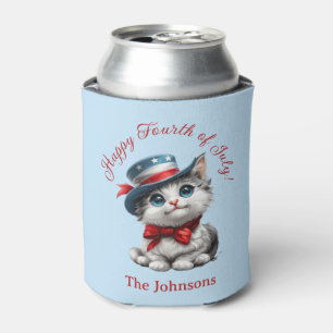 Cute Patriotic Kitten Cat July 4th Can Cooler