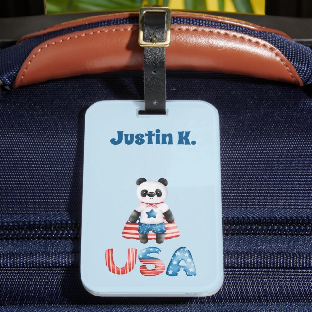 Cute Patriotic Panda Superhero Personalised Luggage Tag (Front Insitu 2)