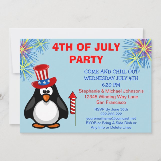Cute Patriotic Penguin Fireworks 4th of July Party Invitation (Front)
