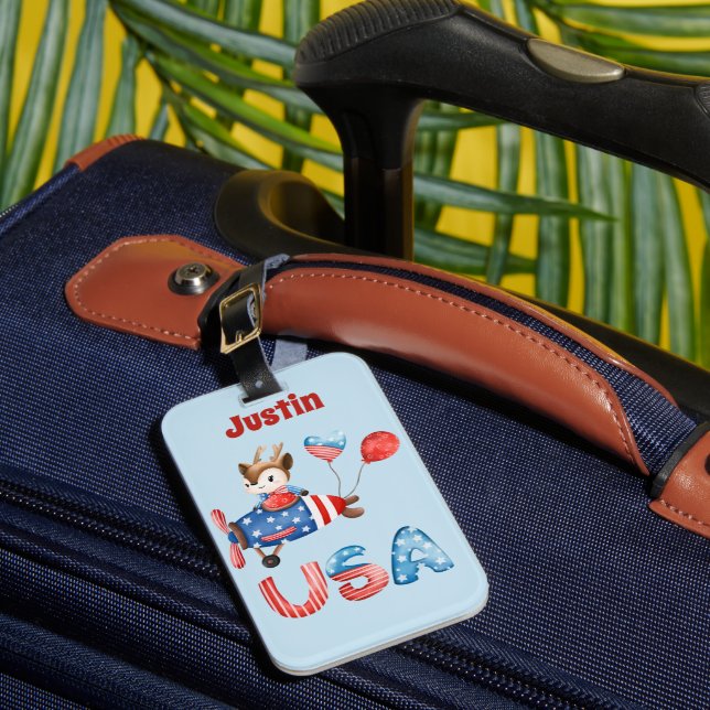 Cute Patriotic Pilot Deer Personalised Luggage Tag (Front Insitu 1)