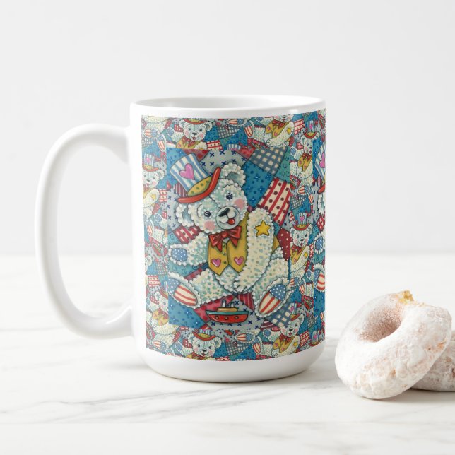 CUTE PATRIOTIC TEDDY BEAR, BOAT & PATCHWORK QUILT COFFEE MUG (With Donut)