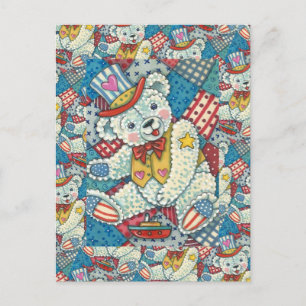 CUTE PATRIOTIC TEDDY BEAR, BOAT & PATCHWORK QUILT POSTCARD