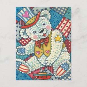 CUTE PATRIOTIC TEDDY BEAR, BOAT & PATCHWORK QUILT POSTCARD