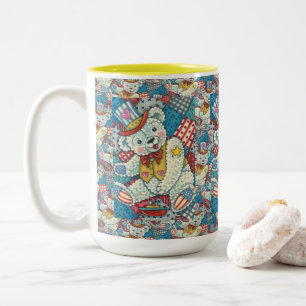 CUTE PATRIOTIC TEDDY BEAR, BOAT & PATCHWORK QUILT Two-Tone COFFEE MUG