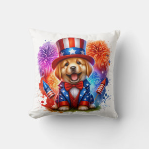 Cute Patriotic Uncle Sam Puppy Fireworks Cushion
