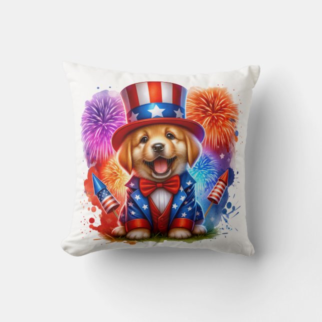 Cute Patriotic Uncle Sam Puppy Fireworks Cushion (Front)