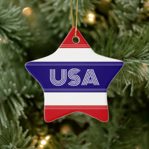 Cute Patriotic USA America Red White and Blue Ceramic Tree Decoration