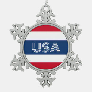 Cute Patriotic USA America Red White and Blue Snowflake Pewter Christmas Ornament