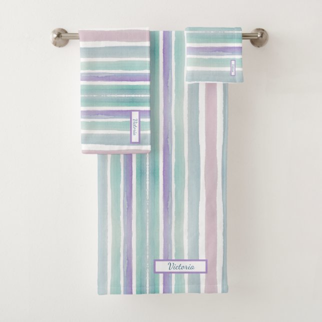 Cute Pattern Colourful Stripes Pink Blue Monogram Bath Towel Set (Insitu)