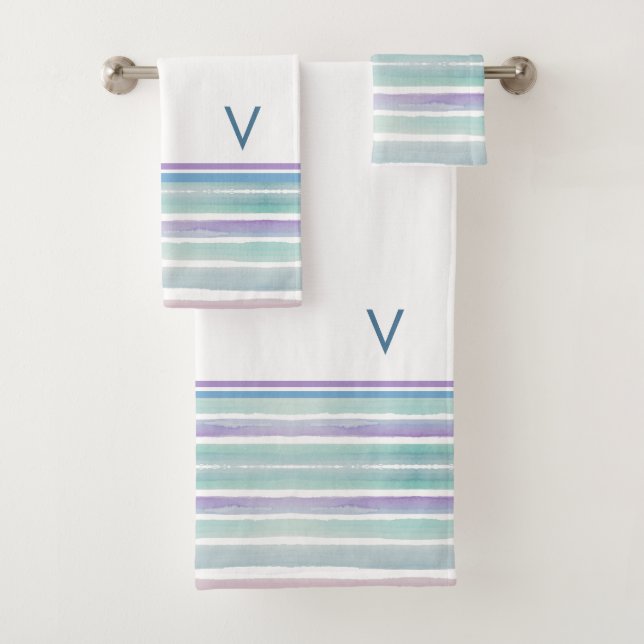 Cute Pattern Colourful Stripes Pink Blue Monogram Bath Towel Set (Insitu)