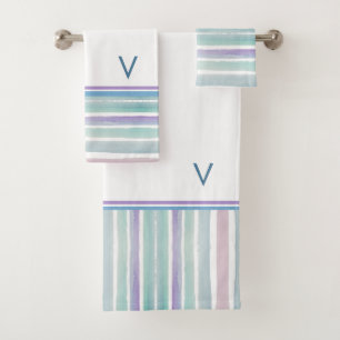Cute Pattern Colourful Stripes Pink Blue Monogram Bath Towel Set