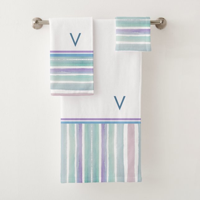 Cute Pattern Colourful Stripes Pink Blue Monogram Bath Towel Set (Insitu)