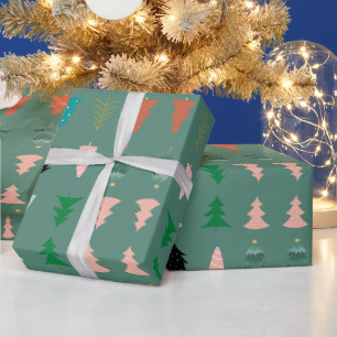 Cute pattern green background Christmas trees pink Wrapping Paper