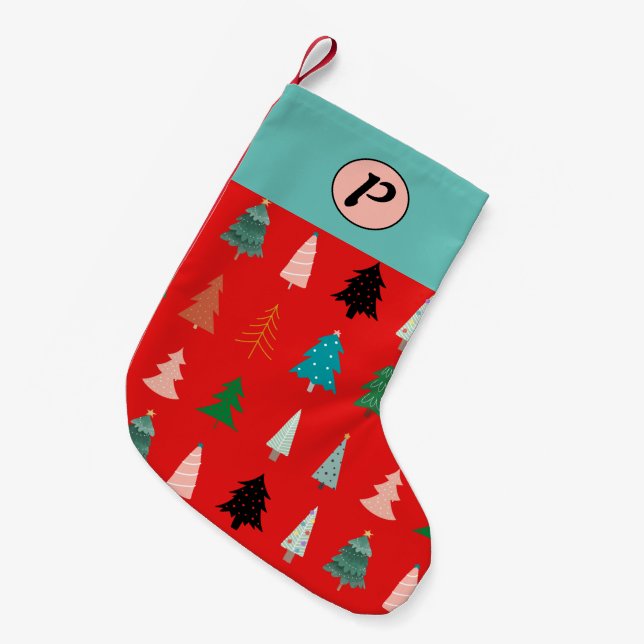 Cute pattern monogrammed red colourful trees blue  small christmas stocking (Front (Hanging))