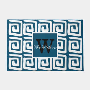 Cute pattern navy blue greek key monogram modern doormat