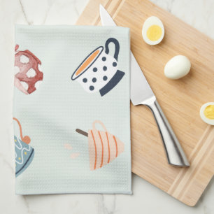 Cute pattern of colourful mugs blue dots stripes tea towel