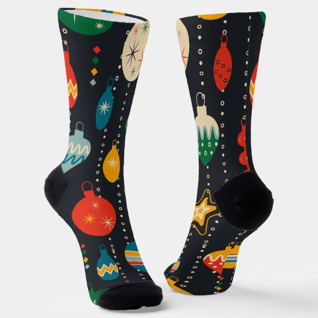Cute pattern of ornaments in navy blue socks (Angled)