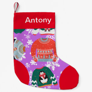 Cute pattern Penguin sweater Chirstmas purple snow Small Christmas Stocking