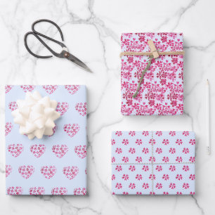 Cute Pattern Pink Colour Flowers Heart Watercolor Wrapping Paper Sheet