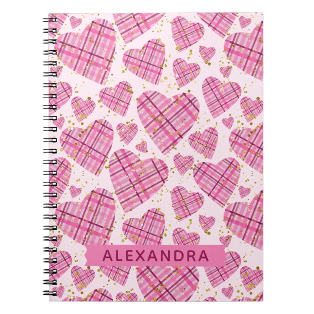 Cute Pattern Plaid Pink Hearts Faux Glitter Name Notebook (Front)