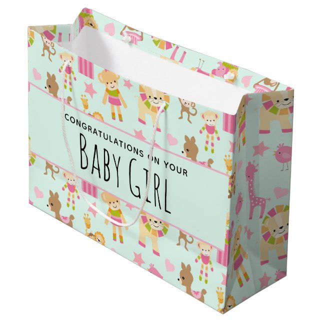 Cute Pattern with Happy Animals & Toys Baby Girl Large Gift Bag (Front Angled)