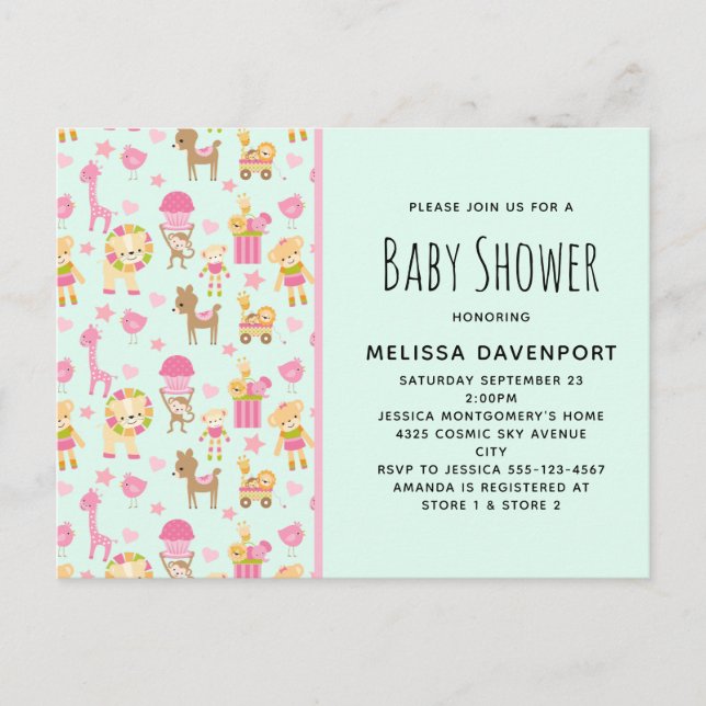 Cute Pattern with Happy Animals & Toys Baby Shower Invitation Postcard (Front)