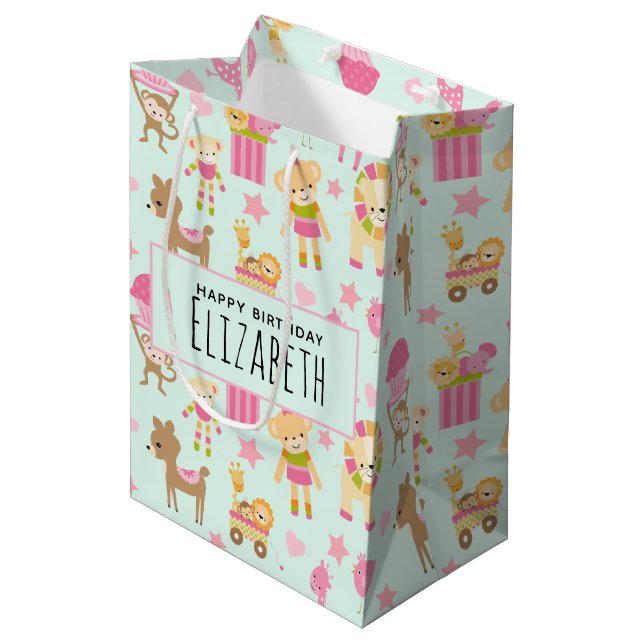 Cute Pattern with Happy Animals & Toys Birthday Medium Gift Bag (Front Angled)