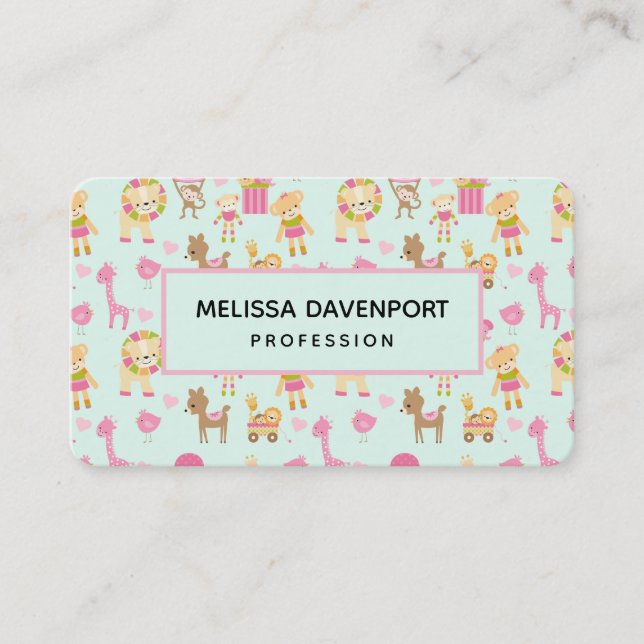 Cute Pattern with Happy Animals & Toys Business Card (Front)