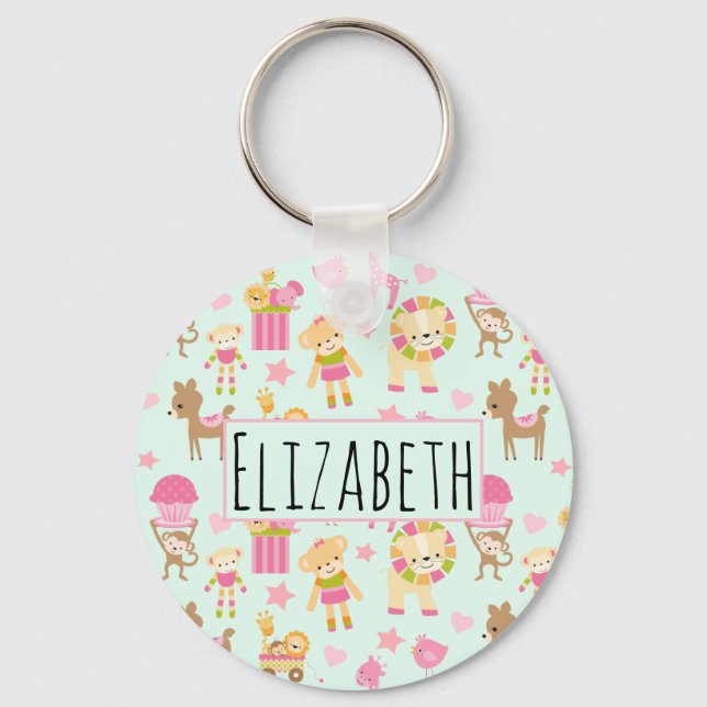 Cute Pattern with Happy Animals & Toys Key Ring (Front)