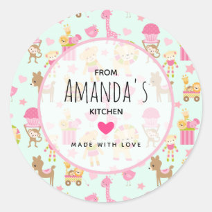 Cute Pattern with Happy Animals & Toys Kitchen Classic Round Sticker